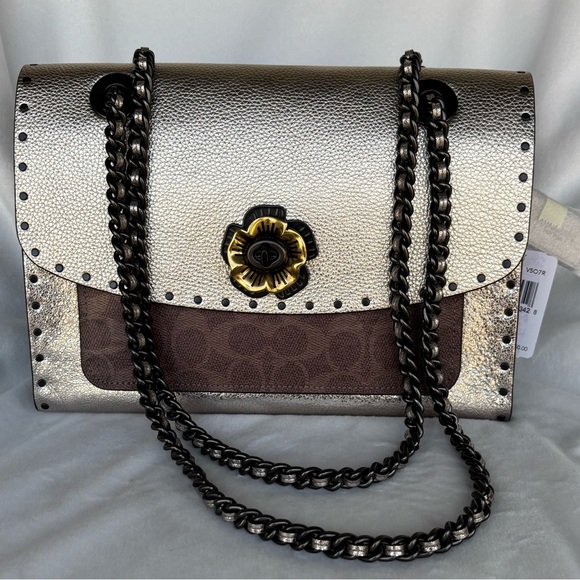 Coach Parker Mixed Media Studded Shoulder Bag 39679 Tea Rose Turnlock - Picture 3 of 16